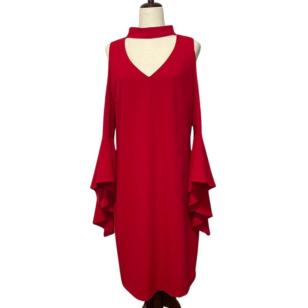Vince Camuto Bell Sleeve Cold Shoulder Choker Dress Cherry Red Women's L NWT